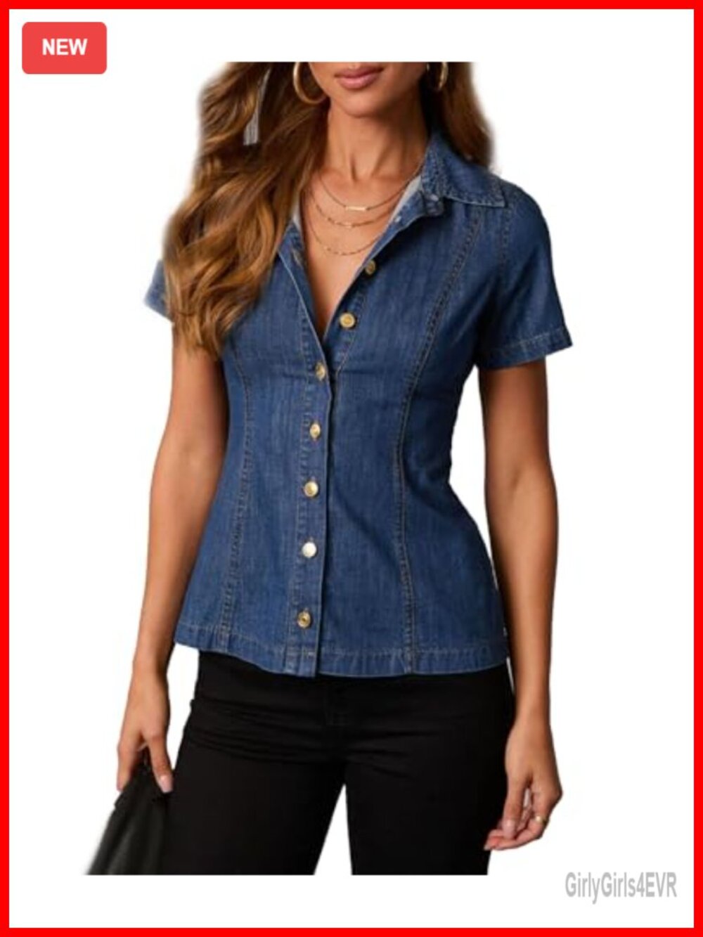 Womens Denim Button Down Shirt Short Sleeve Tunic Top Casual Summer